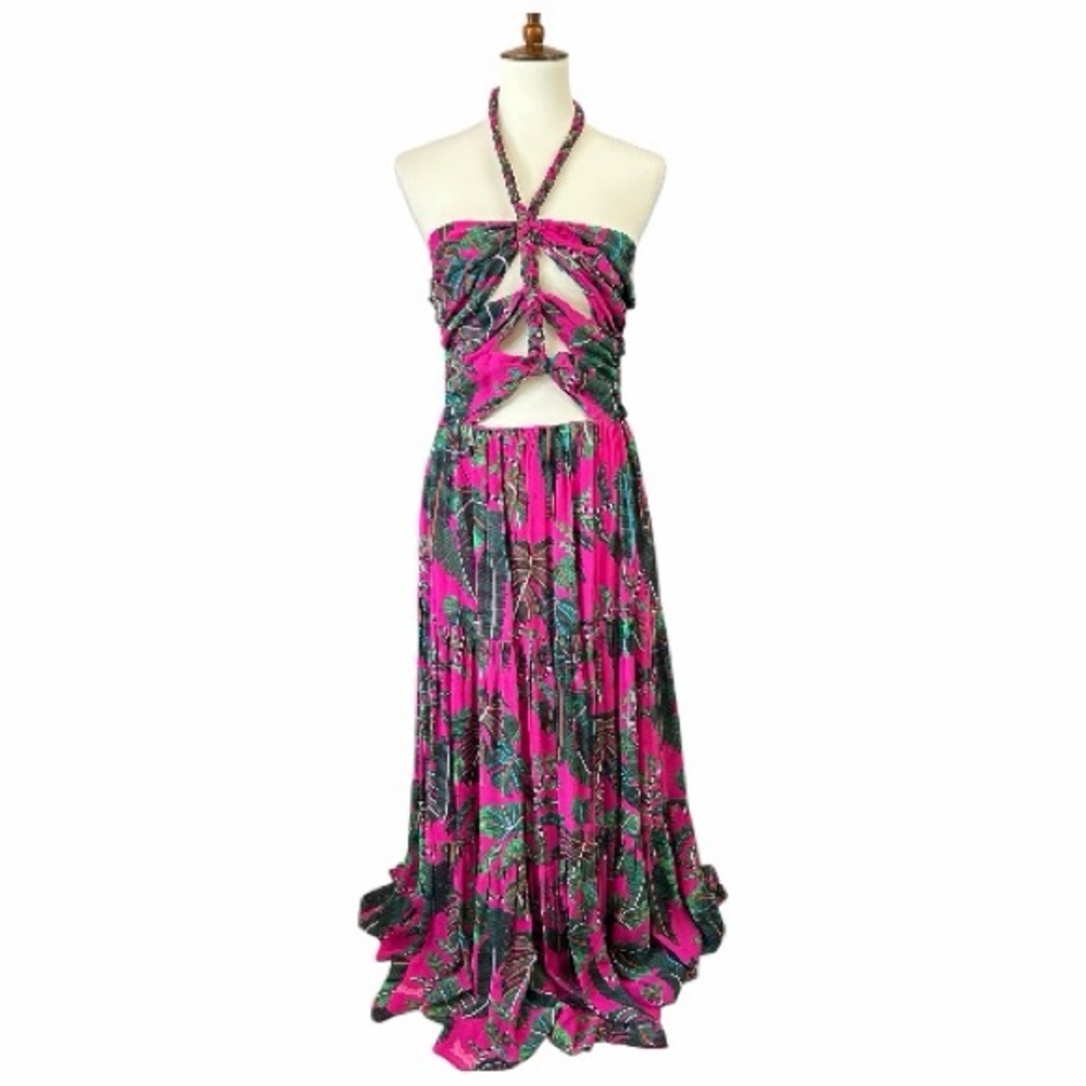 NWT FARM Rio Leaves Pink Maxi Dress Halter Top Sleeveless Tie Back Tropical Sexy